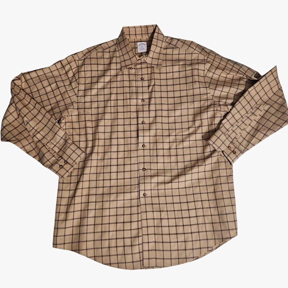 Brooks Brothers 346 Mens Large Tan Black Plaid Non-Iron Cotton Button Down Shirt